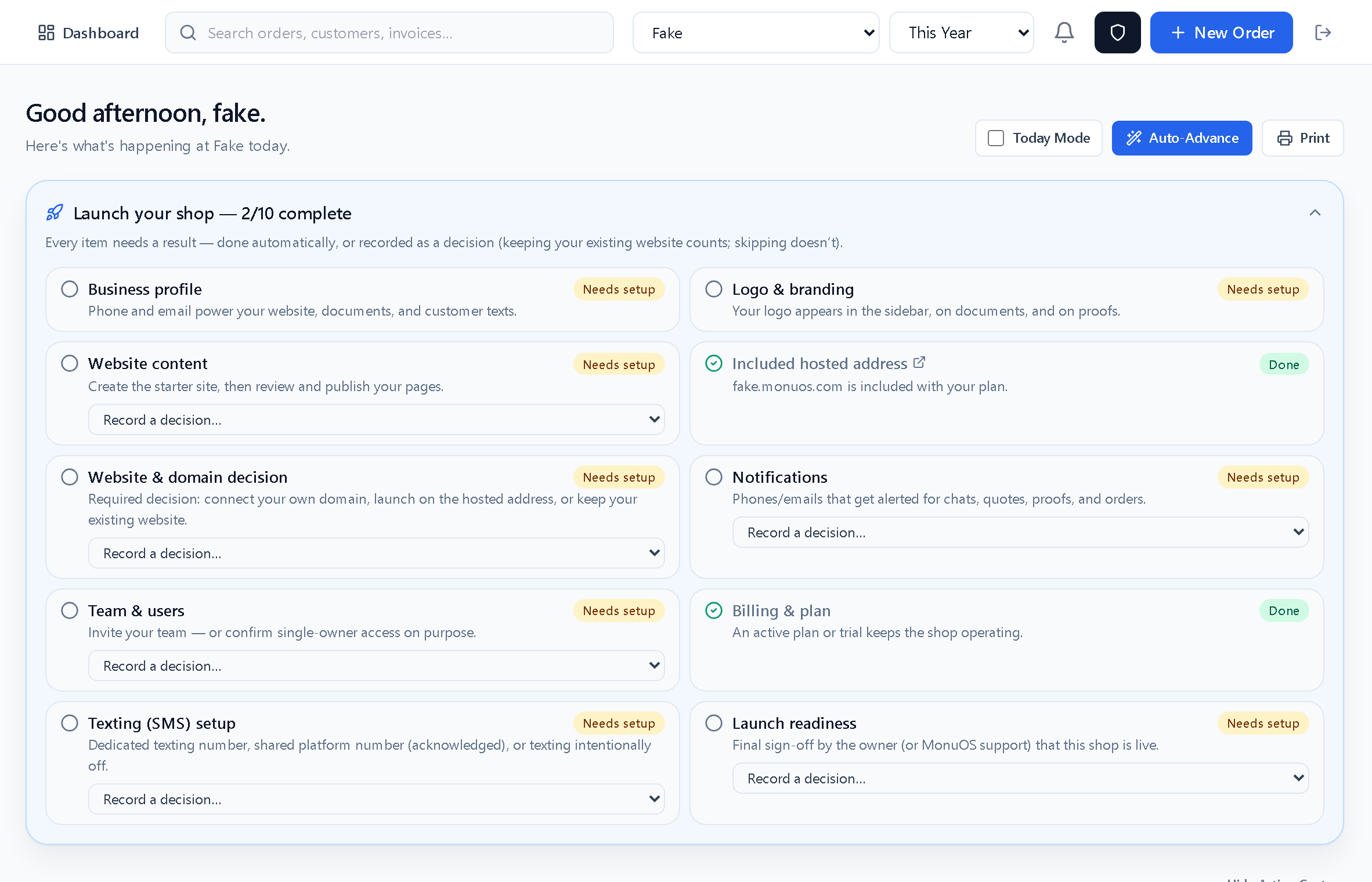 MonuOS dashboard — orders, installs, alerts and guided setup in one command center