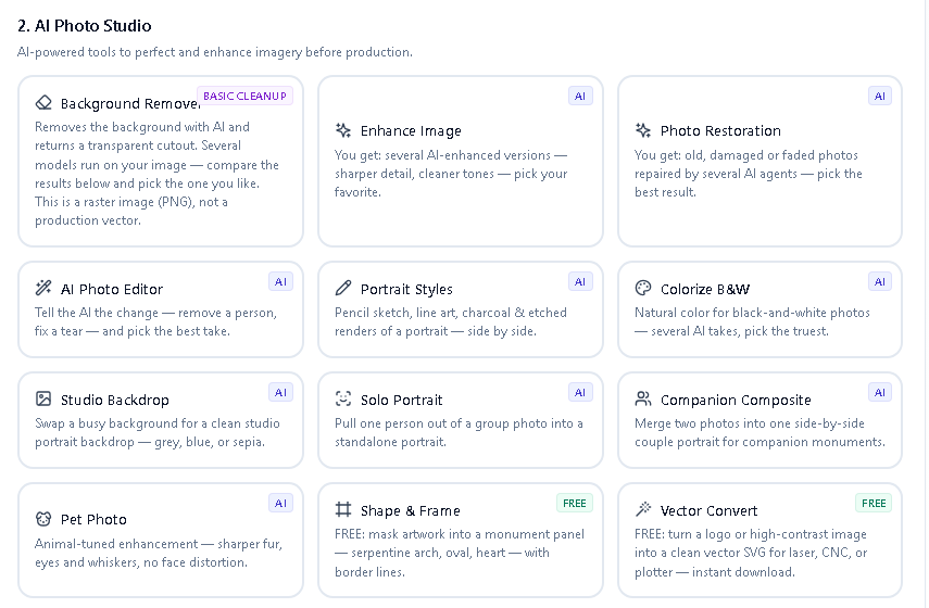 MonuOS Production File Lab — AI background removal, image-to-laser-ready conversion, enhance, and auto-trace workflows