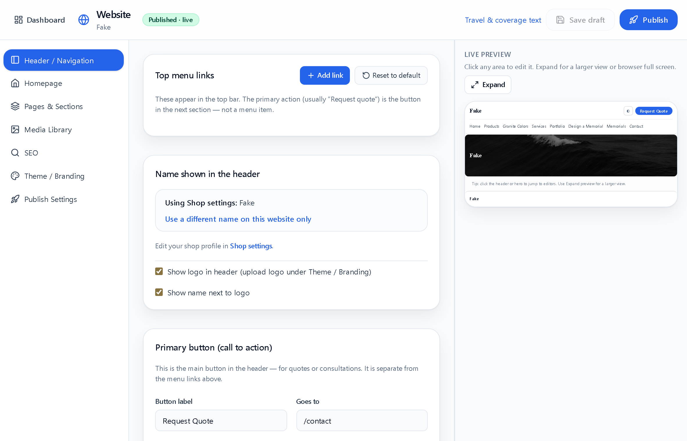 MonuOS website builder with a live preview and one-click Publish